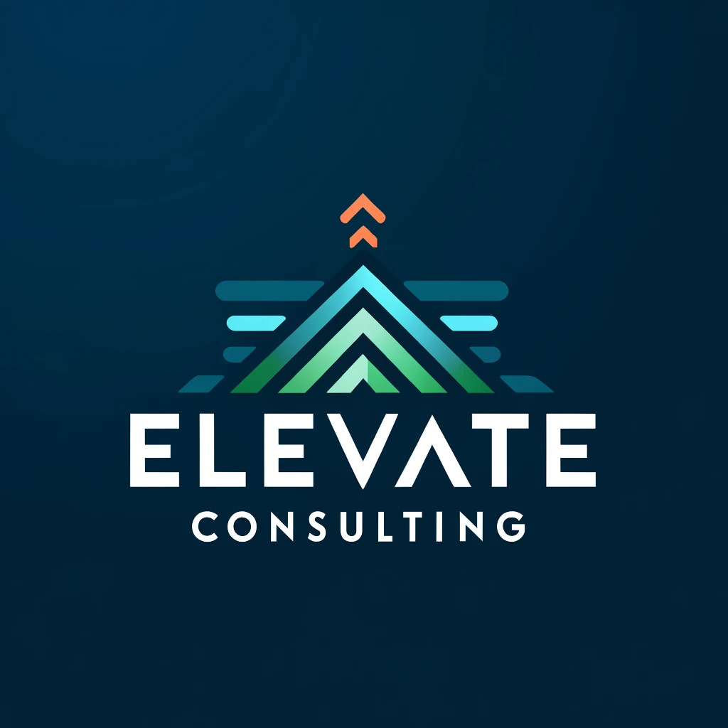 Logo of Elevate Consulting, featuring stylized mountain peaks with an upward arrow, symbolizing growth and progress, set against a dark blue background.